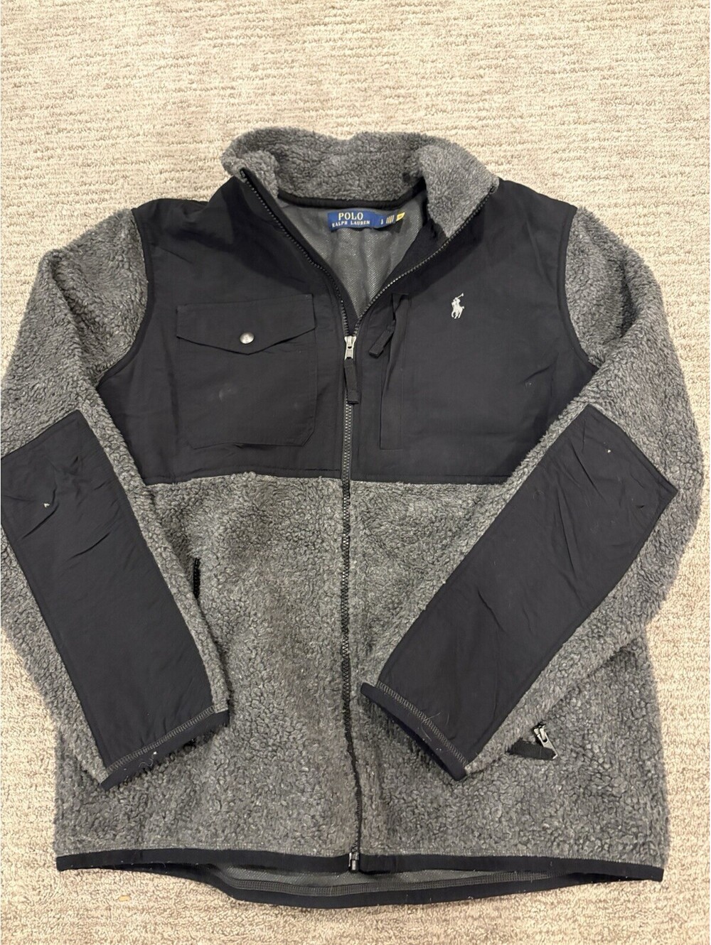 Polo Ralph Lauren Hybrid Fleece Jacket Large Black Gray Teddy High Pile Hooded